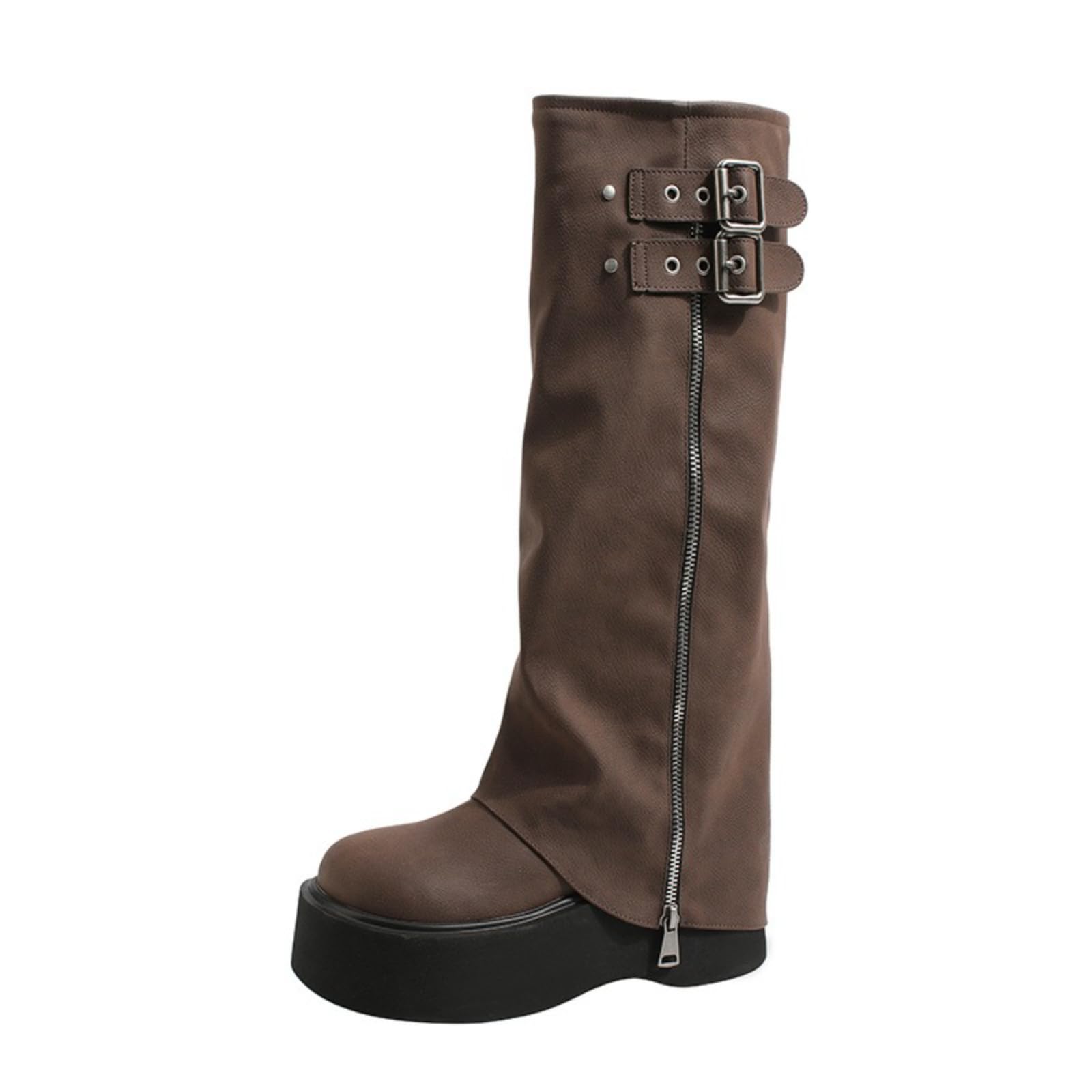 Womens Leather Pull On Knee High Boots Chunky Heel Rivet Metallic Buckles Retro Square Toe Gothic Motorcycle Vintage