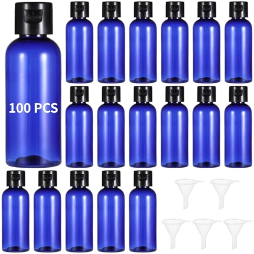 Paquete de 100 botellas de viaje recargables de 60 ml con tapa abatible, recipientes cosméticos a prueba de fugas con embudos para líquidos
