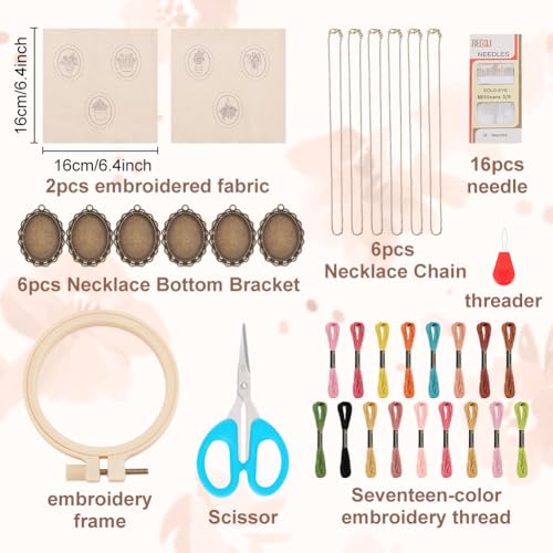 Image of INFUNLY 6 Sets DIY Flower Necklace Embroidery Kit for Adult Beginner Embroidery Pendant Kit Floral Theme Embroidery Necklace Kit Flower Leaf Cross Stitch Kits with Instructions for Women Gift