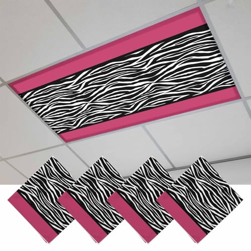 Fluorescent Light Covers for Ceiling Lights Black White Animal Pattern Magnetic Light Filters 4 Pack 4x2 ft Zebra Skin Stripe Ceiling Lights Cover for Classroom Office School Home Drop Lamp Decor