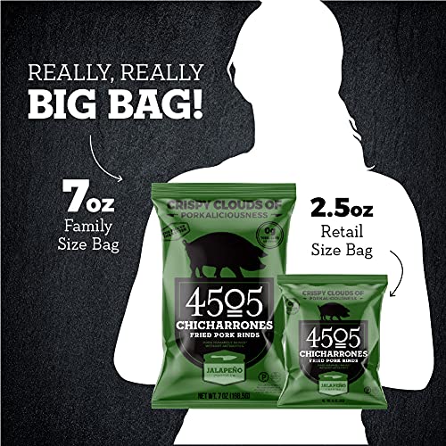 4505 Meats Jalapeno Cheddar Pork Rinds, Gluten Free Chicharrones, Keto Certified, Family Size Bag, 14 Servings, 7 Ounces