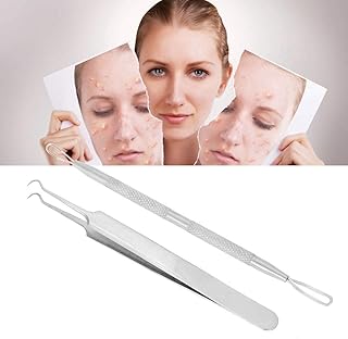 أداة إزالة الرؤوس السوداء من الستانلس ستيل، مجموعة أوات ملاقط منحنية + أداة استخراج البثور مزدوجة الأطراف