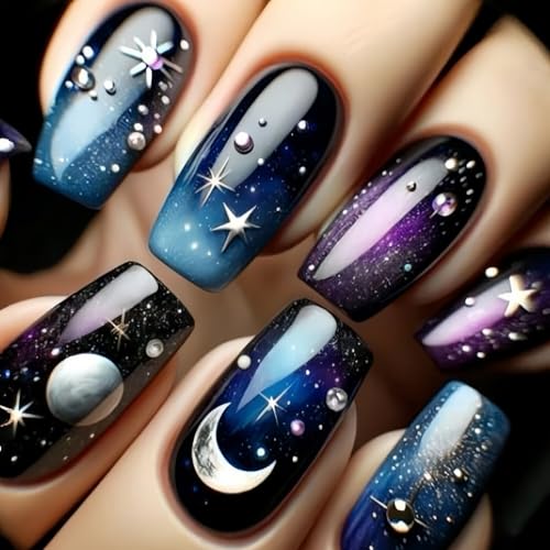 MIXFOSAHN Press on Nails Medium Sqaure Fake Nails Starlit Sky Black False Nails with Artistic Embossed Designs Moon Stars Full Cover Stick on Nails Acrylic Nails for Women Girls 24 Pcs