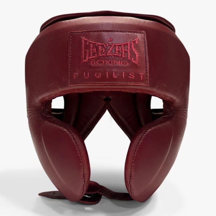 Geezers Pugilist Cheek Headguard - Ultra-durable Leather Material, layered padding protection Headguard for Boxing, MMA & Martial Arts, Men and women’s (Oxblood-Red, M)