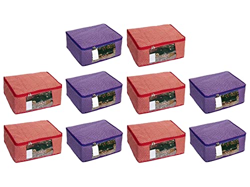 Image of Dress Set|Saree Organizer Bag|Cotton Saree Cover Closet Orgnizer /Saree Bags for Wardrobe Orgnizer Clothe Covers with Transparent Window Set| Bag Clothe (Pack of 10, Red + Purple)