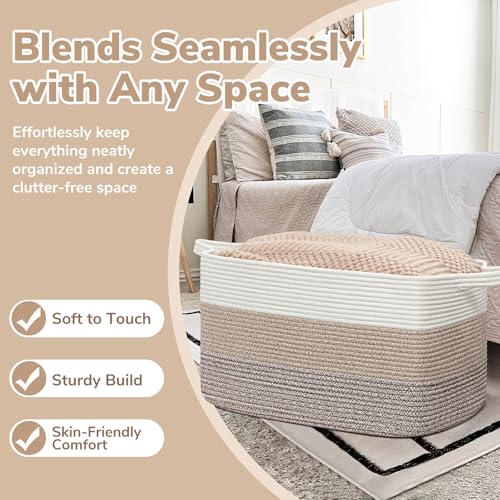 Goodpick Large Woven Storage Basket, 21.6" x 14.9" x 11.8" Rectangle Rope Baskets for Toy Storage, Blanket Basket for Living Room, Bedroom, Light Brown