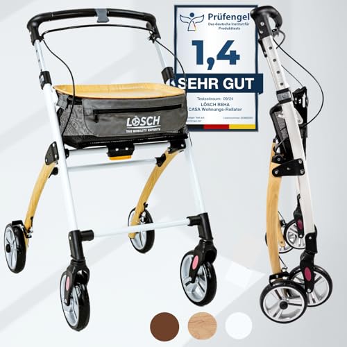 Casa Holzoptik Rollator schmal für Wohnung & Innenbereich, faltbar & leicht, 5 kg I höhenverstellbarer Wohnungsrollator von Lösch Reha I zuverlässige Gehhilfe für Senioren