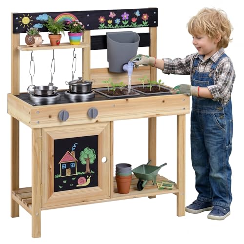 COSTWAY Matschküche Kinder Outdoor, Kinderküche Holz mit Wasserfunktion & Zubehör & Tafeln & 2 abnehmbaren Spülbecken, Spielküche Outdoor Küche für Kinder ab 2 Jahren