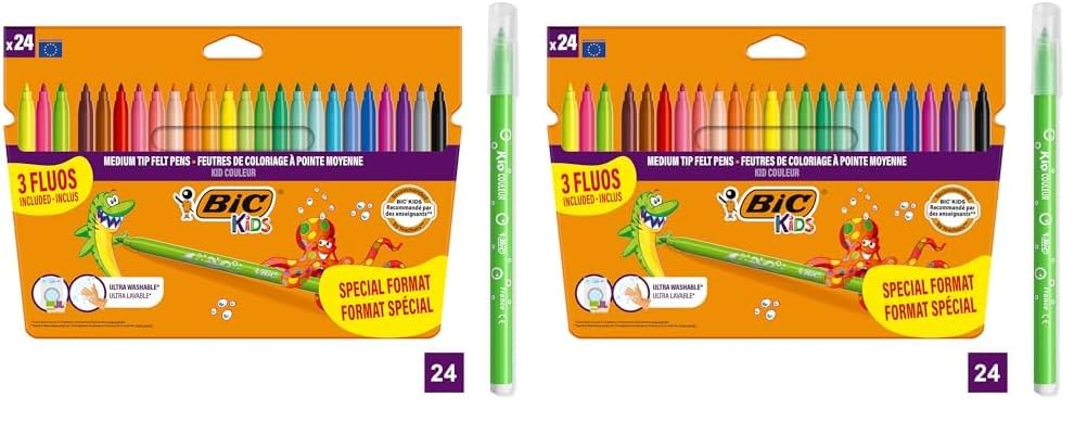 BIC Kids Filzstifte Set Kid Couleur, Fasermaler zum Malen in 24 auswaschbaren Farben, inkl. Neonfarben, im Karton Etui, ab 5 Jahre (Packung mit 2)