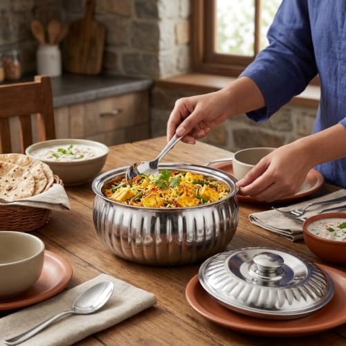 Image of CLASSIC ESSENTIALS Tripot Double Wall Insulated Stainless Steel Lotus Casserole 1500 ml | Hot Pot Food Storage & Serving Container | Thermal Belly Casserole for Roti, Rice, Dal, Curry & Meals