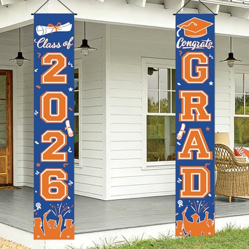 Image of Graduation Decorations 2026, Orange and Blue Door Porch Signs, Graduation Banner Class of 2026, Congrats Grad Banner for Door and Porch Graduation Party Supplies