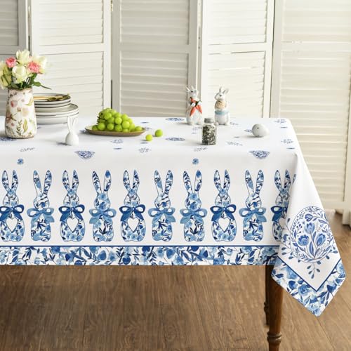 Horaldaily Easter Tablecloth 52×70 Inch Rectangular, Spring Carrots Bunny Blue White Porcelain Washable Seasonal Table Cover for Party Picnic Dinner Decor