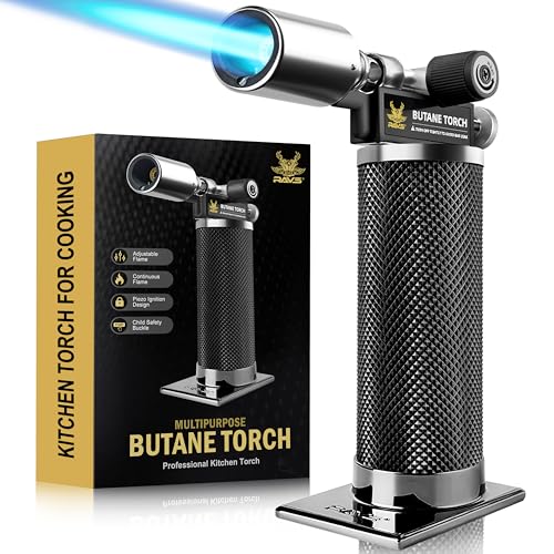 Comparison: Best Torch For Creme Brulee 9 RAVS Butane Torch Lighter, Refillable Butane Kitchen Torch with Safety Lock and Adjustable Flame, Creme Brulee Torch for Baking, BBQ, Blow Torch for Cooking, Black, Butane Gas Not Included