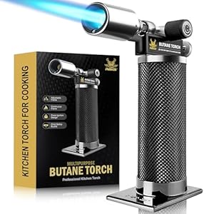RAVS Butane Torch Lighter, Premium Metal Kitchen Torch with Adjustable Flame & Safety Buckle, Refillable Creme Brulee Torch for Baking, BBQ, DIY, Resin Art, Black, Butane Gas Not Included