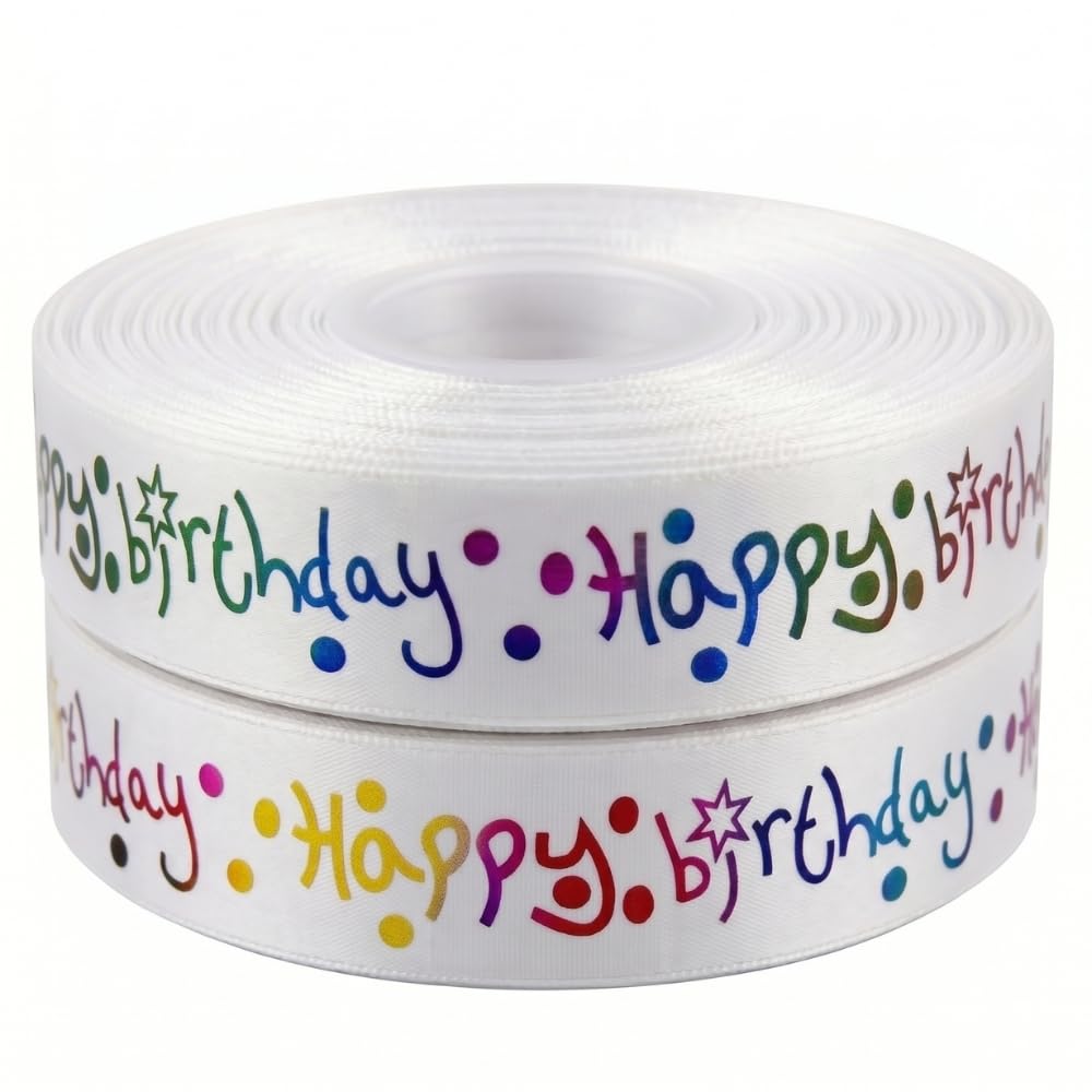 Happy Birthday Ribbon 2m x 25mm White Multi Colour Satin Birthday Ribbon for Gift Wrapping, Ribbons for Gift Wrapping, Cakes, Cards, Party Crafts and Creative Decorating