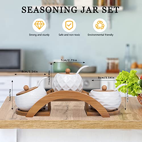 Porcelain Condiment Jar Spice Container With Bamboo Lids & Tray, Ceramic Serving Spoon, Set Of 3, White, 170Ml(5.8 Oz), Perfect Spice Storage For Home, Kitchen #TOP1