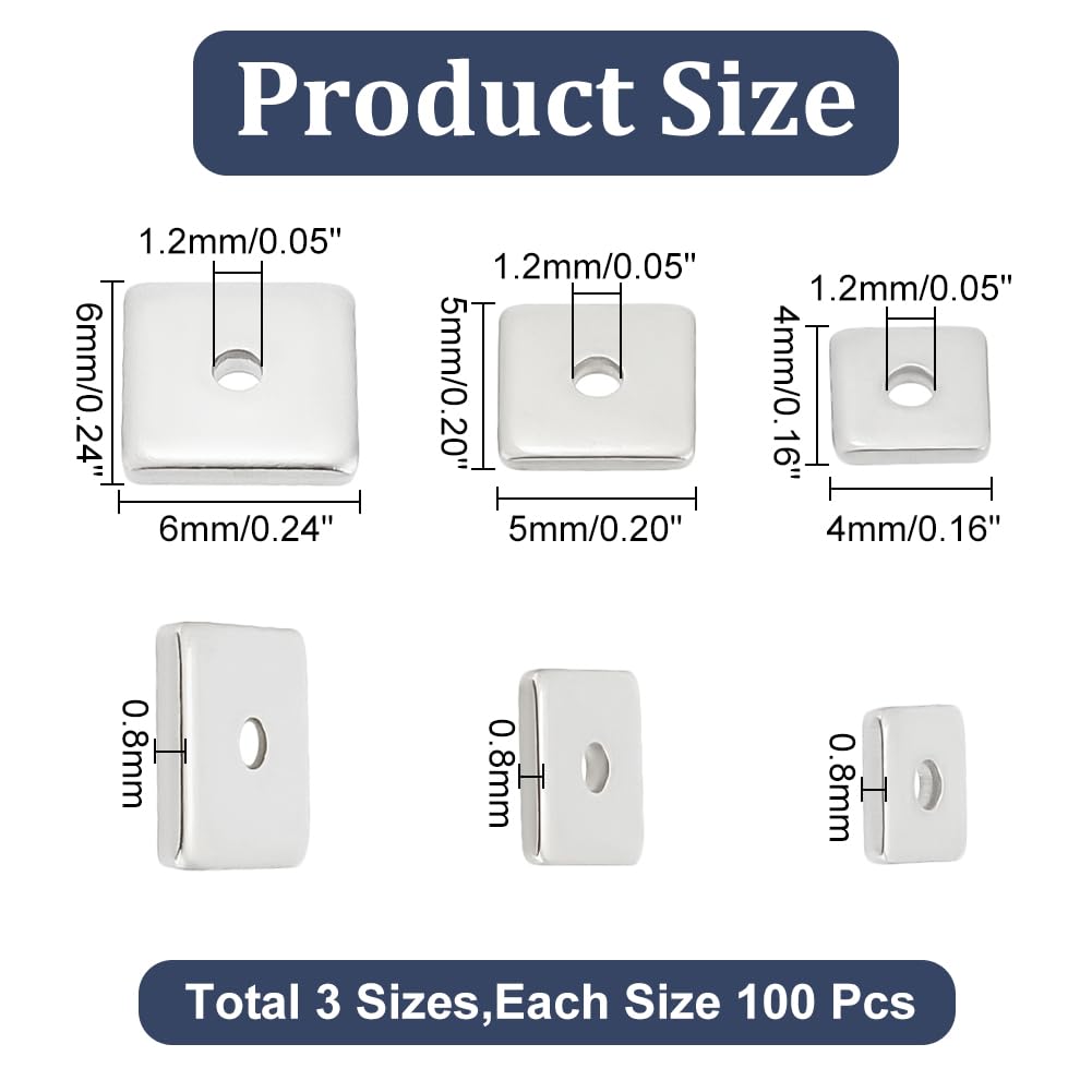 UNICRAFTALE 300 Perline Piatte Quadrate In Acciaio Inossidabile 304 - Distanziatori E Tappi Per Gioielli Fai-da-te, 3 Misure 4/5/6 Mm, Foro 1,2 Mm, Ideali Per Bracciali E Collane