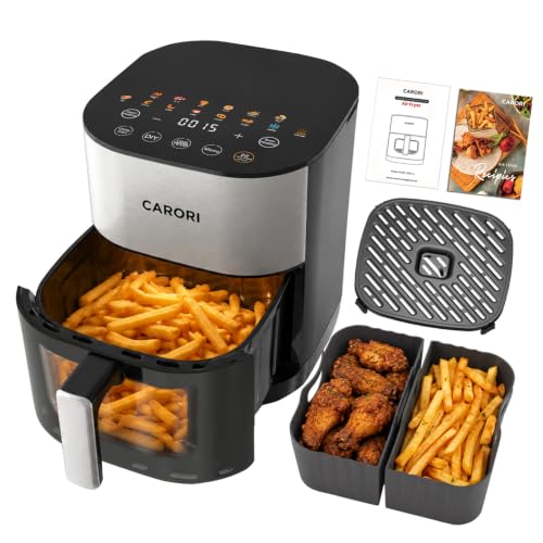 Image of CARORI Air Fryer 6 Qt Dual Heating with Viewing Window, 14 Presets Plus DIY Mode, Includes 2 Reusable Silicone Liners, Dishwasher-Safe Basket and Crisper Tray, Easy Clean Family Size