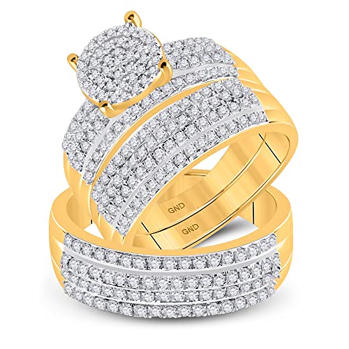 His and Hers Bridal Womens and Mens Engagment and Wedding Band Complete Trio Matching Wedding Rings Set 14K Yellow Gold Round Diamond Cluster 1-1/3 Cttw