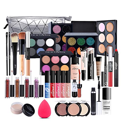 Joyeee All in One Makeup Kit for Women Full Kit, Cosmetic Travel Bag with Deluxe Pearl Shine Glitter Eyeshadow Palette/Makeup Brush/Foundation/Lipstick/Concealer, Large Silver Waterproof Cosmetic Set