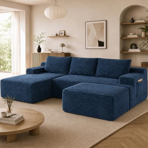 Image of Boneless Couch, Modular Sectional Couches for Living Room, U-Shaped Cloud Couch Sofa with Deep Seat, Fluffy Corduroy Upholstered Corner Sofa