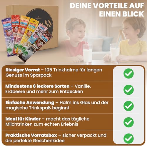 Genussleben® Quickmilk® Trinkröhrchen Sortenmix 105 Stück – Vorratspackung in vielen Geschmacksrichtungen – aromatisierte Milch-Trinkhalme für Kinder & Familie als Geschenk- oder Vorratsbox