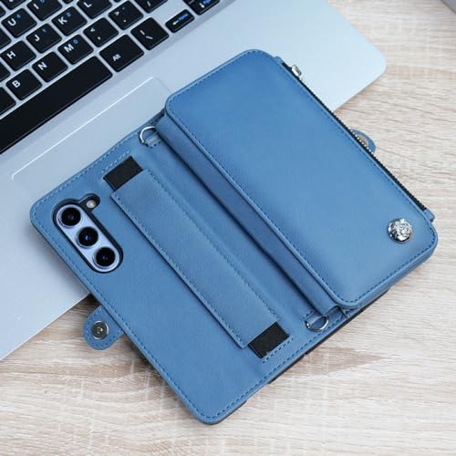Étui pour Samsung Galaxy Z Fold 5 en cuir bleu avec bandoulière et porte-carte