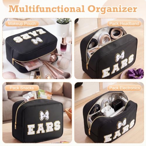 Hillban Ears Travel Bag Headband Holder Organizer Hair Accessories Nylon Large Chenille Letter Bow Cute Makeup Bag Headband Storage Gifts for Women for Theme Park Fans(Black,White Letter) - Image 5