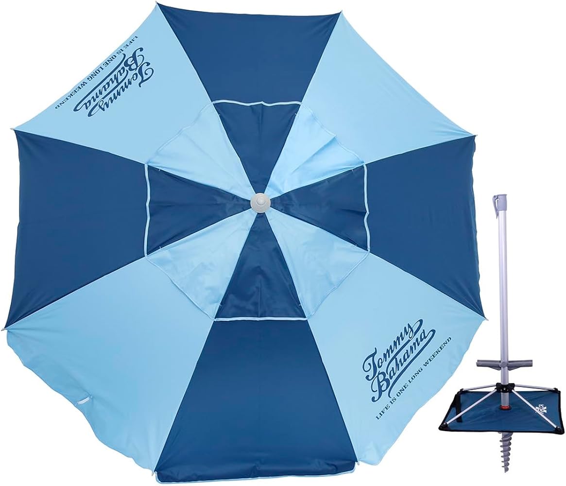 Tommy Bahama Fiberglass Beach Umbrella for Sand with Integrated Anchor