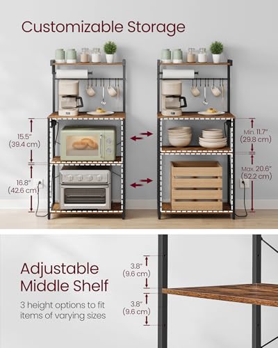 Image of VASAGLE BARNET Collection - Kitchen Bakers Rack with Power Outlet, 23.6-Inch Wide Coffee Bar 4-Tier with 8 S Hooks, Modern Microwave Stand, Adjustable Shelf, Rustic Brown and Ink Black UKKS014K01V1