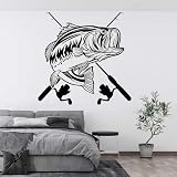 Autocollant mural de pêche canne à pêche rivière amoureux de la pêche style de vie aventure chasse maison vacances vinyle autocollant mural A1 noir 57x57cm