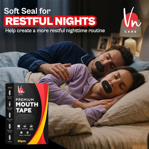 Image of Vn care 30 Pcs Mouth Tape for Sleeping Adults - Anti Snoring Sleep Strips, Mouth Breathing Stopper for Nose Breathing & Better Sleep | Hypoallergenic Adhesive, Comfortable Fit | Black Sleep Mouth Tape (Pack of 30)