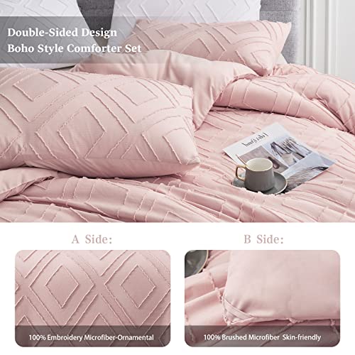 Frohaul Boho King Comforter Set,Blush Pink Rhombus Tufted King Size Comforter Set With Corner Loops,3 Pieces Embroidery Shabby Chic Bedding Comforter Sets For All Seasons(Blush Pink,King) #TOP3