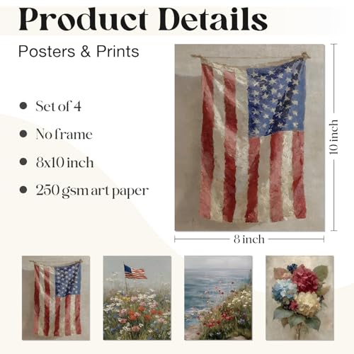 Image of WEFKODO Vintage Patriotic Decor Wall Art for Home Bathroom Bedroom, Vintage Retro America Flag Hydrangea Floral Wall Decor 4th of July Decorations Pictures Posters Prints Set of 4, 8x10 Inch Unframed