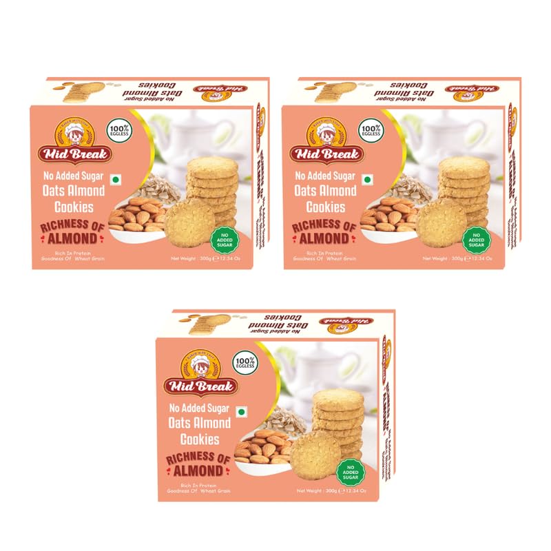 Image of Midbreak No Added Sugar Oats & Almond Cookies - 300gm (Pack Of 3) | Healthy Digestive Diabetic-Friendly Biscuits | Handmade & Delicious Tea Time Snack Biscuit