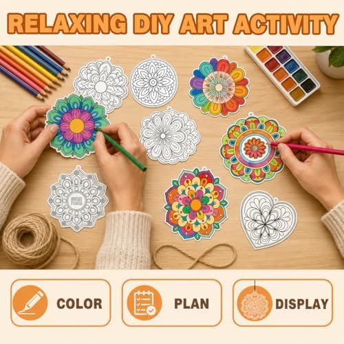 JUNKJWBZ DIY Stained Glass Suncatcher Kit 48 Pcs – Mandala Coloring Craft Set w/ 32.8ft Hemp Rope, Fun Window Clings Decor for Adults and Seniors