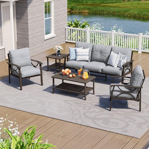Image of FansaFurn 5-Pieces Outdoor Patio Furniture Set, Outdoor Metal Sectional Furniture with Cushions, Outdoor Conversation Seating Set with Coffee Table for Garden, Balcony, Deck, Backyard, Grey