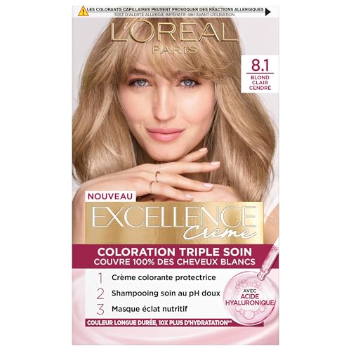 L’ORÉAL PARIS - Coloration Cheveux Permanente Triple Soin - Couvre 100% des Cheveux Blancs - Excellence Crème - Nuance : Blond Clair Cendré (8.10)