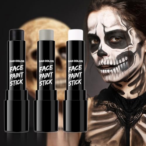 Image of BADCOLOR 3PCS Black White Grey Face Body Paint Stick Makeup for Skull Skeleton Goth Mime SFX Cosplay & Dress Up, Full-Coverage Halloween Facepaint Makeup Kit