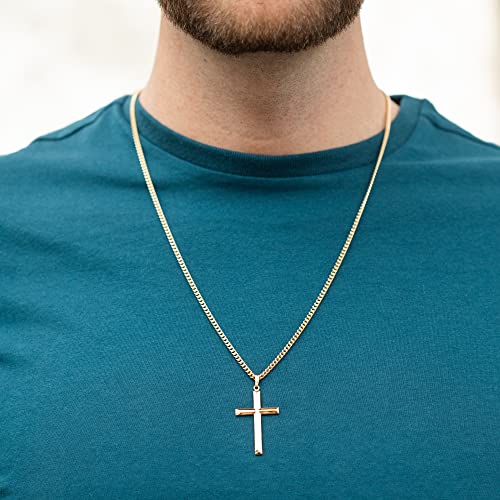 Men's Gold Filled Christian/Catholic Large Cross Pendant Necklace, Masculine & Big Gold-Filled Cross Shaped Pendant, 24" (Inch) Stainless Steel Curb Chain Necklace With Spring Ring Clasp, Male Cross4