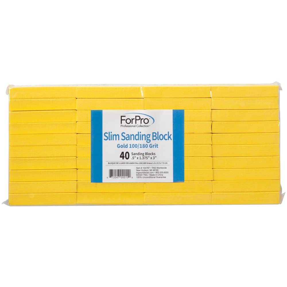 ForPro Slim Sanding Block, Gold, 100/180 Grit, for Manicures and Pedicures, Non-Damaging or Scratching, 0.5” H x 3” L x 1.375” W, 40-Count