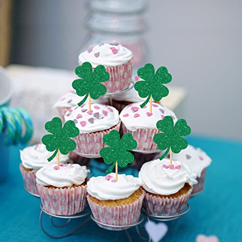 24 Pcs Four Leaf Clover Cupcake Toppers / Lucky Festival Cupcake Toppers / Baby Shower / St. Patrick's Day Party Birthday Party Cupcake Decorations / Green Glitter #TOP3