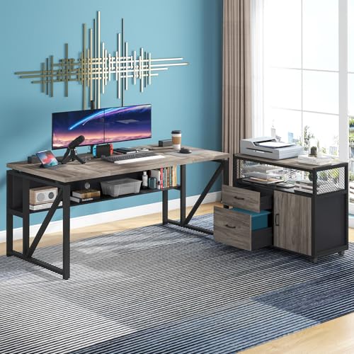 Image of Tribesigns L Shaped Desk with Drawer Cabinet, 63 inch Executive Computer Desk and lateral File Cabinet, 2 Piece Home Office Furniture with Drawers for Hanging File, Doors with Locks (Gray, 63 inches)