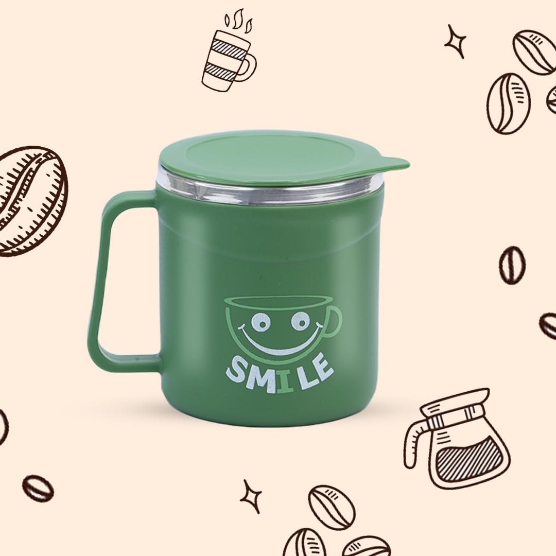 Attro Happy Mug Comes with Double Wall Inner Stainless Still & Lid Stylish Cup Ideal for Hot Coffee, Tea - Olive Green - Plastic, 300 Ml