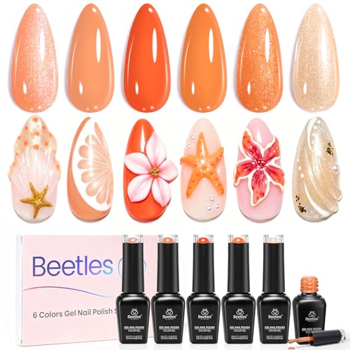 Beetles Orange Gel Nail Polish Set - Summer Sunset Auras Shimmer Gel Polish 6 Colors Sunrise Tangerine Coral Orange Gel Nail Art Soak Off Uv DIY Salon Manicure Kit Gift for Women