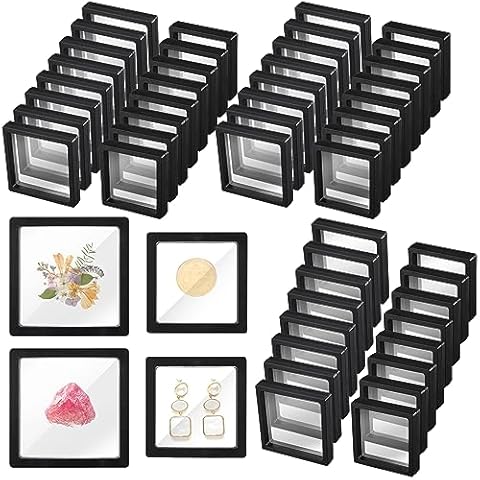 Soaoo 60 Pcs Floating Frame Display Stand Transparent Plastic 3D Floating Frame Clear PE Film Jewelry Box Coin Display Case for Medallion Shells (Black,3.54 x 3.54 x 0.78'') Cover