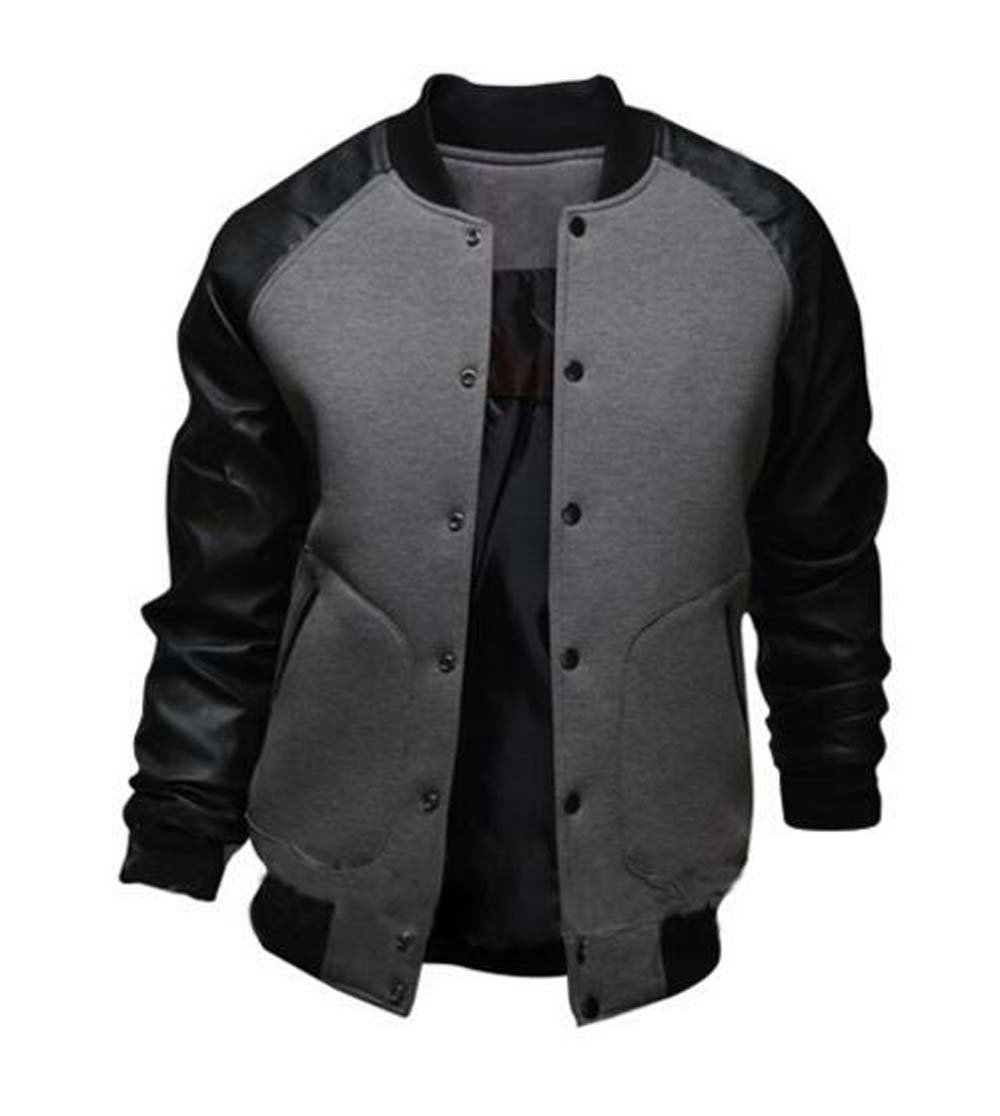 Men's Fashion Splicing Leather Sleeve Baseball Varsity Bomber Jacket