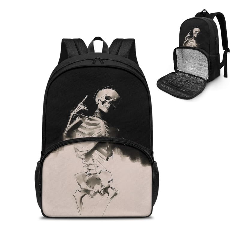 Halloween Skeletons Print Large Travel Backpack for Women Men Funny Black White Skull 17 Inch Insulated Cooler Backpack Gothic Adult Lunch Box Bookbag