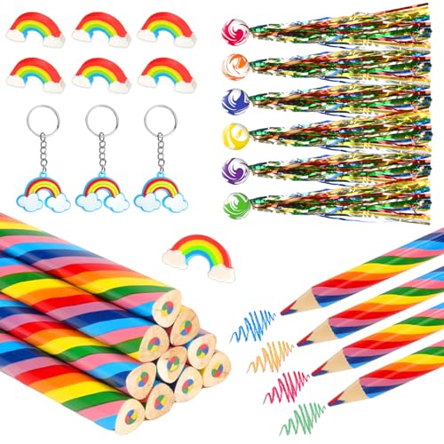 Bomtop 40 Stück Kinder Regenbogens Schreibwaren Set, Buntstifte Radiergummis Hüpfball Schlüsselanhänger für Kindergeburtstag Mitgebsel Gastgeschenke Children's Birthday Party