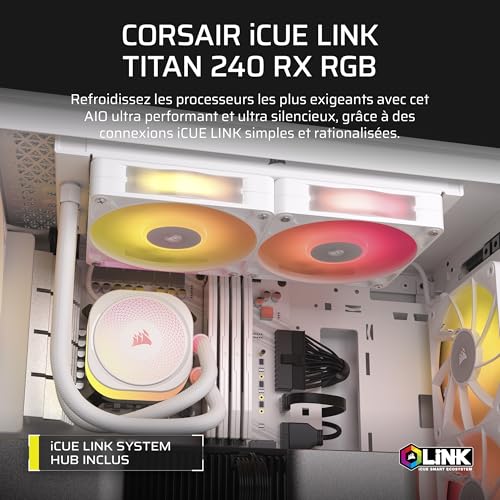 CORSAIR iCUE LINK TITAN 240 RX RGB Refroidisseur Liquide Pour CPU – 240mm AIO, 2x RX120 Ventilateurs RGB Inclus, Convient à Intel LGA 1851/1700, AMD AM5/AM4, Hub du Système iCUE LINK Inclus – Blanc